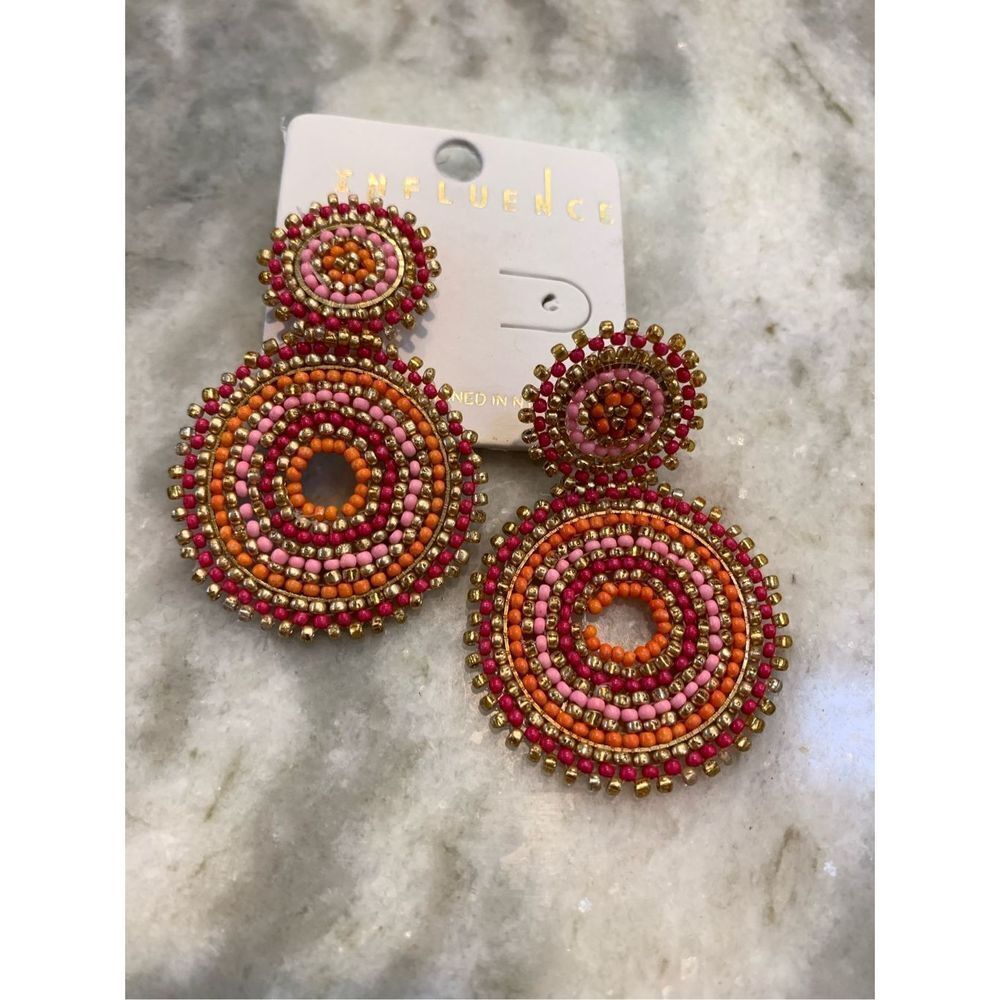 Pink Orange Circle Stripes Seed Bead Earrings #round earrings #bohemian #beach